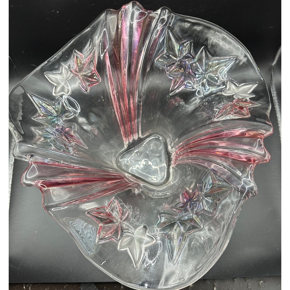 Vintage Iridescent Pink Ruffled Art Glass Maple Leaf Centerpiece Bowl 11.5in